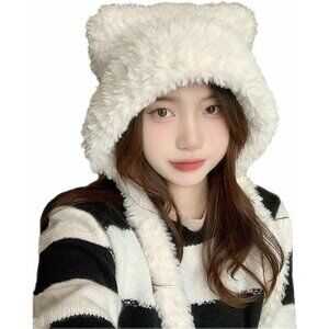 Women White Winter Beanie Hats Knit Ear Flaps Cute Stuffed Bear Ears Fleece